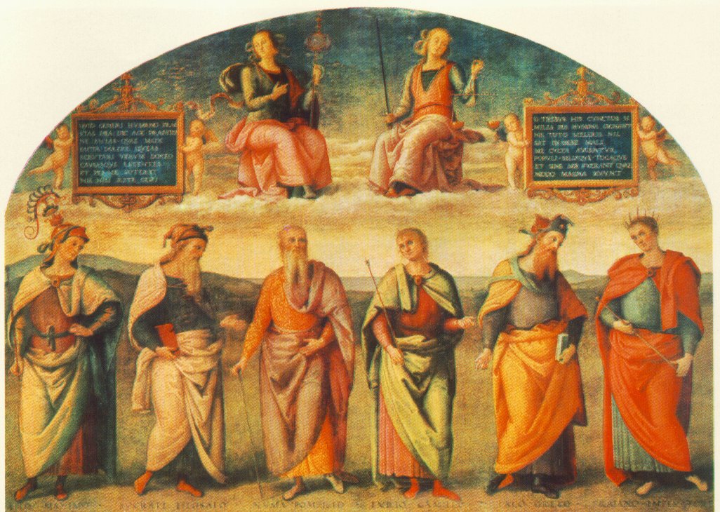 PERUGINO, Pietro Prudence and Justice with Six Antique Wisemen